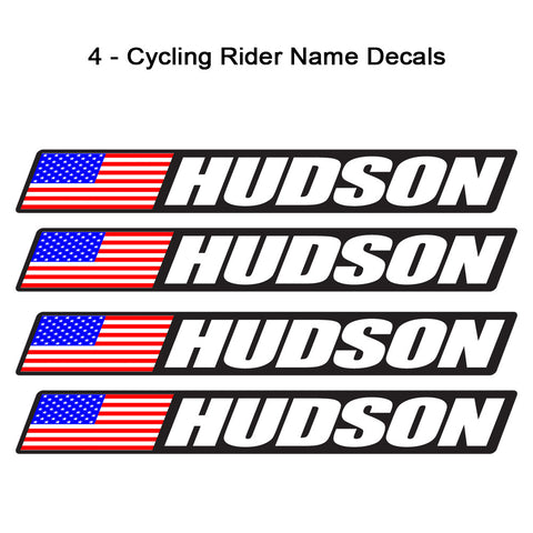 Black Background Country Flag Bicycle Rider Name Decal Set